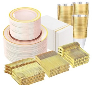lot 3008 image: GATHER 700PCS Pink Plastic Plates - Gold Rim Disposable Plastic Dinnerware Set Include 200 Pink Plates, 300 Silverware, 100 Napkins, 100 Cups for Party & Wedding & Baby Shower