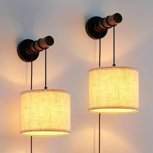 lot 3009 image: XSDeTu Wall Sconces Set of Two, Plug in Sconces Wall Lighting with Fabric Shade, Farmhouse Wall Lamps with Plug in Cord, Rustic Wall Lights with Wood Arm and OnOff Switch for Bedroom, Living Room - Retail $98.59