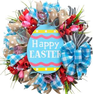 lot 3014 image: 18 Easter Mesh Wreath for Front Door Artificial Flower Wreath with Happy Easter Wooden Board Bows for Spring Farmhouse Holiday Hanging on Home Indoor Outdoor Front Door Wall Decorations