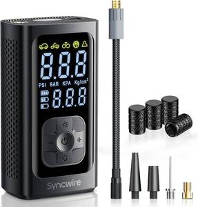 lot 3710 image: Syncwire Tire Inflator Portable Air Compressor - 150PSI 2X Faster Inflation Smart Air Pump for Car Tires Extra-Large LCD with Digital Pressure Gauge, Auto Shut-Off for Car, Motorcycle, Bike & Balls