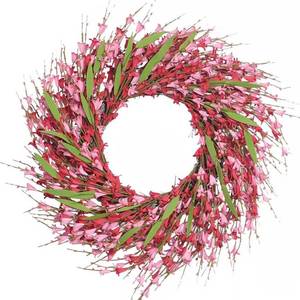 lot 4105 image: 22 Inch Spring Pink Forsythia Wreath, Valentines Day Floral Decor with Red Pink Blooms for Front Door Mantel Table Wall Window Indoor Wedding Anniversary Dinner Decor