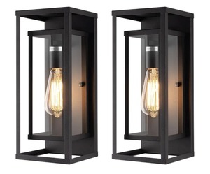 mirrea 14" Modern Outdoor Porch Wall Light, Matte Black, 2 Pack Waterproof rectangular wall sconce with clear glass & metal frame. Perfect outdoor light fixture for entryways, patios.