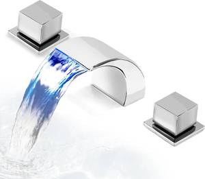 lot 4272 image: SKOWLL Chrome Waterfall Bathroom Faucet, LED Bathroom Sink Faucets 3 Hole, 8 Inch Widespread Modern Vanity Sink Faucet with 2 Handle