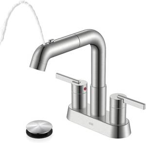 lot 4280 image: Brushed Nickel Pull Down Centerset Bathroom Faucet 2 Handle 3 Hole  Pull Out Bathroom Faucet with Pop Up Drain & Supply Lines, Lead-Free cUPC & NSF Certified, 4 Inch Faucet for Vanity RV Sink