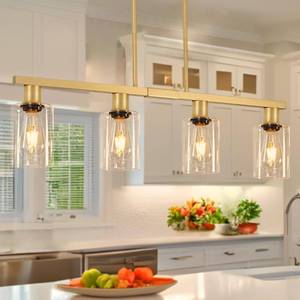 lot 4288 image: 4-Light Kitchen Island Lighting, Gold Dining Room Light Fixtures over Table, Island Lights with Glass Shade, Farmhouse Pendant Lights Kitchen Chandelier for Restaurant Bar, Height Adjustable - Retail $79.99