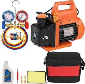 lot 4291 image: VTG VOGTEN 4.5 CFM AC Vacuum Pump and Gauge Set for R134a R12 R22 R502  AC Vacuum Pump Kit for Mini SplitHVACAuto Systems,w2 R134a Can Taps,2 R410a Adapters,Vacuum Oil,Storage Bag - Retail $104.99