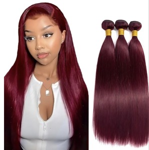 lot 4293 image: GLSMOSNW 99j Burgundy Straight Bundles Human Hair Double Weft Unprocessed Brazilian Virgin Human Hair Extensions 99j Human Hair Bundles 24 26 28 Inch