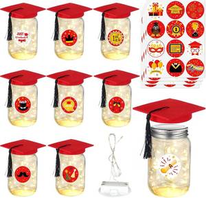 lot 4295 image: 8 Pack 2026 Graduation Centerpieces for Tables Mason Glass Jar Centerpieces with LED Lights Graduation Party Decorations Set with Caps and Stickers for High School College Congrats Grad Decor Supplies
