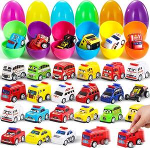 lot 4297 image: JOYIN 24 Pcs Filled Easter Eggs with Pull Back Mini Cars, Prefilled Easter Egg Fillers, City Vehicle for Kid Boys, Basket Stuffers, Party Favor, Classroom Prize Gift Supplies