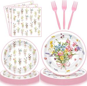 lot 2902 image: Havawish 96 Pcs Party Plates Set,Spring  Disposable Paper Plates Napkins, Birthday Baby Shower Wedding Gender Reveal , Complete Sets, Party Souvenir Supplies