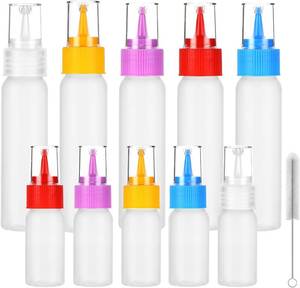 lot 3057 image: 10 Pack Squeeze Bottles Kit with Cleaning Brush - 1oz & 2oz Food Cookie Decorating Supplies for Icing, Sauces, Crafts, Leakproof Design, 5 Colored Caps, Dishwasher Safe