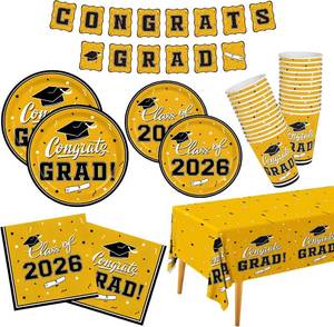 lot 3063 image: Graduation Party Supplies Gatherfun 2026 Graduation Party Dinnerware Set Yellow Disposable Paper Plates Napkins Cups Tablecloth Banner for Congrats Grad Party Decorations, Serve 25
