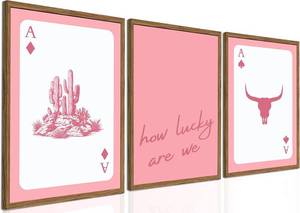 lot 3187 image: Pink Western Wall Art, How Lucky are We Wall Decor Picture Southwestern Cowgirl Playing Card Poster Canvas Print Bull Skull Painting Artwork for Bedroom Living Room 12x16 inch Wood Framed