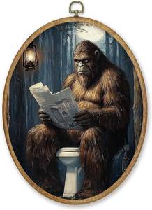 lot 3190 image: CGBHW Funny Orangutan Bathroom Oval Wall Art Decor, Monkey Reading Newspaper on Toilet Canvas Prints Framed, Dark Wall Art Hanging Decor for Home Bedroom Living Room Decorations, 8.6x11.4 Inch