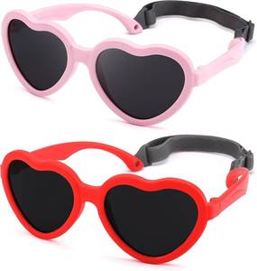 lot 3191 image: NULOOQ Kids Heart Sunglasses for Girls   Cute Polarized Flexible Frame Toddler Sunglasses with Strap Age 2-8 3 Pack Colors Pink, Red, and Black