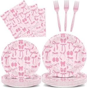 lot 3198 image: 96pcs Pink Bow Party Supplies Bow Birthday Party Plates and Napkins Pink Bowknot Parties Decors for Girl Bachelorette Bridal Engagement Baby Shower Coquette Cute Tableware Dinnerware Serves 24 Guests