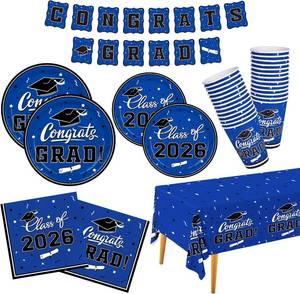 lot 3726 image: Graduation decorations class of 2026 Gatherfun Congrats Grad Party Dinnerware Set Blue Disposable Paper Plates Napkins Cups Tablecloth Banner for Gatherfun Decorations 2026 deals , Serve 25