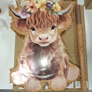lot 3850 image: Shappy 4 Pcs Cow Pi ata Highland Cow Birthday Decorations Pi ata Themed Party Supplies with Blindfold Stick Confetti Farm Supplies for Theme Birthday Party 15.75 x 11.22 Inch(Brown)