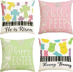 lot 40005 image: Happy Easter Pillow Covers 18x18 Inch Set of 4, Bunny Hello Peeps He is Risen Eggs Striped Farmhouse Decorative Throw Pillowcases for Home Sofa Couch Decoration (Easter)