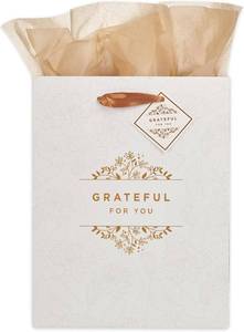 lot 40021 image: Christian Art Gifts Medium Gift Bag with Tissue Paper, Grateful for You  White Floral with Golden Foil, Medium Size 9.7 x 7.7 x 4.1, Ribbon Handles, Thank You Gifts, Thinking of You Gift