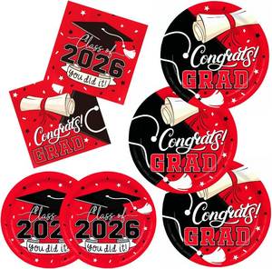 lot 40030 image: Graduation decorations 2026 red Graduation Party Plates and Napkins Disposable Paper Plates Luncheon Napkins for Congrats Grad Party Decorations, Serve 50