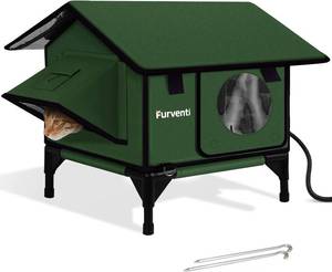 lot 40059 image: Heated Cat House for Outside,Extremely Weatherproof&Insulated in Winter,Elevated Outdoor Cat Shelter with Waterproof Eaves&Escape Door for Feral Stray Barn Cats(Dark Green,M)
