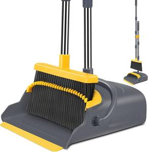 lot 40079 image: Upgrade Broom and Dustpan Set, Broom with Dustpan Combo Set, Self-Cleaning with Dustpan Teeth, Indoor&Outdoor Sweeping, Stand Up Broom and Dustpan (Gray&Yellow) STOCK PHOTO APPROXIMATE
