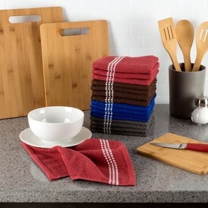 lot 40512 image: 16-Piece Combed Cotton Dish Cloths Set - Absorbent Popcorn Terry Weave Kitchen and Bathroom Towels for Cleaning and Drying by Lavish Home (Multicolor)