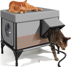 lot 40516 image: Heated Cat House for Outside,Extremely Insulated & Weatherproof in Winter,Elevated Outdoor Cat Shelter with Waterproof Eaves & Escape Door for Feral Stray Barn Cat Grey,S16.70 Lx12.6 Wx15.7 Th