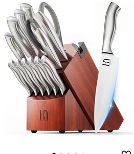 lot 40517 image: KnifeSaga 14 Pcs Kitchen Knife Set with Block and Sharpener, Professional Innovative Steel, High Carbon Stainless, Enduring Sharpness, Ergonomic Handle, Quality Wood Block, Gift Box
