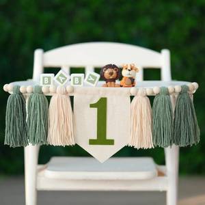 lot 40523 image: Green Wild One 1st Birthday High Chair Banner for Baby Boys Handmade Wall Hangings Wood Bead Tassel Garland First Birthday Party Decorations