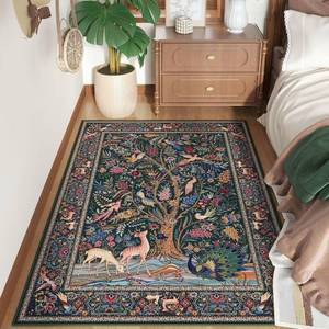 lot 40526 image: Rugcomf 3x5 Rug Vibrant Tree of Life-Patterned Vintage Non Slip Low Pile Small Carpet for Bedroom Bedside Kitchen Entryway Kids Room Office College Dorm Essentials for Girls, Green