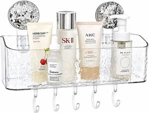 lot 40536 image: HOME&I Suction Cup Shower Caddy with Twist-to-Lock Mount, Drill-Free Bathroom Organizer for Toothbrush, Toothpaste & Razor, Self-Draining Storage Rack with 5 Hooks