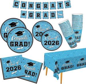 lot 40092 image: Graduation Party Supplies Gatherfun Graduation Party Dinnerware Set Sky Blue Disposable Paper Plates Napkins Cups Tablecloth Banner for Congrats Grad Party Decorations, Serve 25