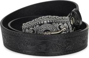 lot 40097 image: Mealah Men-Women-Western-Cowboy-Belt PU-Leather Floral Engraved-Bull-Buckle-Belts for Jeans (for 25 to 38 Waist)