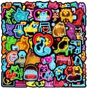 lot 40113 image: 100pcs Neon Cat Theme Waterproof Vinyl Stickers - Cats Decor & Party Favors Gifts for Laptop, Water Bottle, Skateboard