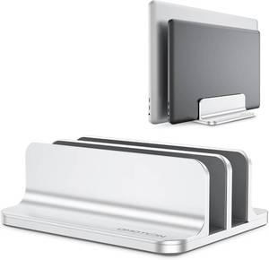 lot 40125 image: OMOTON Dual Vertical Desk Laptop Stand Holder, Fits MacBook AirPro, Silver  Aluminum Laptop Storage Rack for Desk, Adjustable Dock for Up to 17.3 in. Gaming Laptop, Space-Saving Desk Organizer