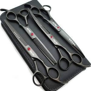 lot 40136 image: 7.0in Titanium Professional dog Grooming Scissors set,Straight & Thinning & Curved scissors 4pcs set for Dog grooming (Bright black)