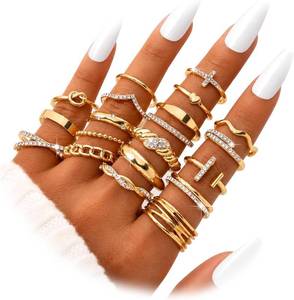 lot 40345 image: KISS WIFE Gold Stackable Rings for Women, Knuckle, Midi, Statement Ring Set  Mixed sizes, dainty and chunky styles, rhinestone accents, thumb rings, and layered looks for daily wear and parties