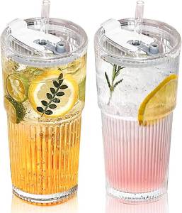 lot 40541 image: 20 oz Glass Tumbler with Lid and Straw, 2 Pack Clear Ribbed Iced Coffee Cup, High Borosilicate Glass Tumbler, Reusable Vintage Glassware for Iced Coffee, Smoothies, Cocktails, and Juices (Pattern)