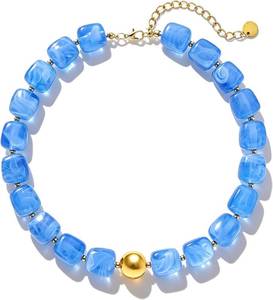 lot 40560 image: Chunky Beaded Necklace for Women Colorful Boho Large Square Resin Beaded Modern Statement Necklace Jewelry Accessories Color Periwinkle Blue