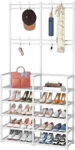 lot 40575 image: Laiensia 5-Tier Entryway Coat Rack, Coat and Shoe Rack, Entryway Bench Storage Organizer with 8 Hooks for Bedroom, Hallway, Office, White