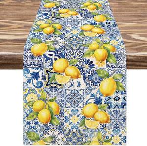 lot 40589 image: JarThenaAMCS Summer Lemon Tiles Table Runner Blue Yellow Lemon Kitchen Dinning Table Cover Fruit Tables Decoration for Indoor Outdoor Home Party Supplies, 13 x 90 Inch
