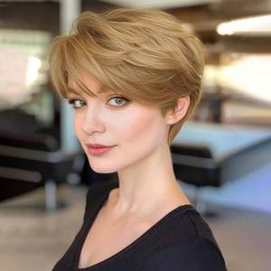 lot 40602 image: Creamily Short Pixie Cut Wigs Fluffy Curly Strawberry Blonde Wig Layered Cut Wig With Bangs Synthetic Hair Wigs for Women Hair Replacement Wigs