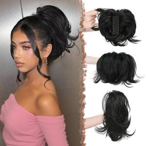 lot 40613 image: FESHFEN Claw Clip Short Ponytail Extensions - DIY Bendable Metals Fluffy Messy Bun Hair Piece Straight Synthetic Hairpieces Ponytail Extension for Women, Off Black