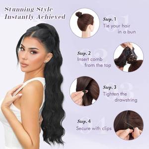 lot 40637 image: FESHFEN Long Drawstring Ponytail Extension, 30 Inch Wavy Curly Comb Clip in Ponytail Hair Extensions Synthetic Pony Tails Clip on Hairpieces for Women, Brown