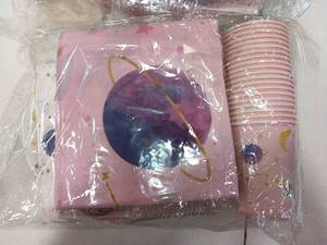lot 40638 image: 140Pcs Space Birthday Decorations, Pink Space Themed Disposable Table Cover, Birthday Theme Party Tableware Set For 20 Guests