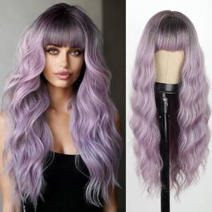 lot 40645 image: Ombre Long Purple Wavy Wig with Bangs,Purple Hair Wigs for Women  Dark root ombre purple gradient,Soft long wavy hair,Heat resistant synthetic fiber,Multi-scene for party & daily use