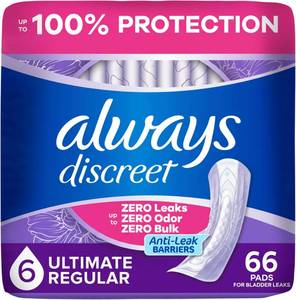 lot 40647 image: Always Discreet Adult Incontinence Pads for Women, Drier, 6 Drop Regular Length, Extra Heavy Absorbency, Pads for Bladder Control Management, Bladder Leaks, & Postpartum Pads, 66ct