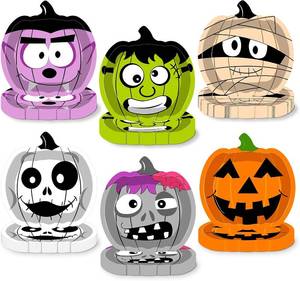 lot 40651 image: 48Pcs Halloween Paper Plates 9.5 Inch Pumpkin Shaped 6 Design Pumpkin Monster Vampires,Zombies, Mummies Disposable Plates for Halloween Party Supplies Dinner Tableware Decoration Supplies